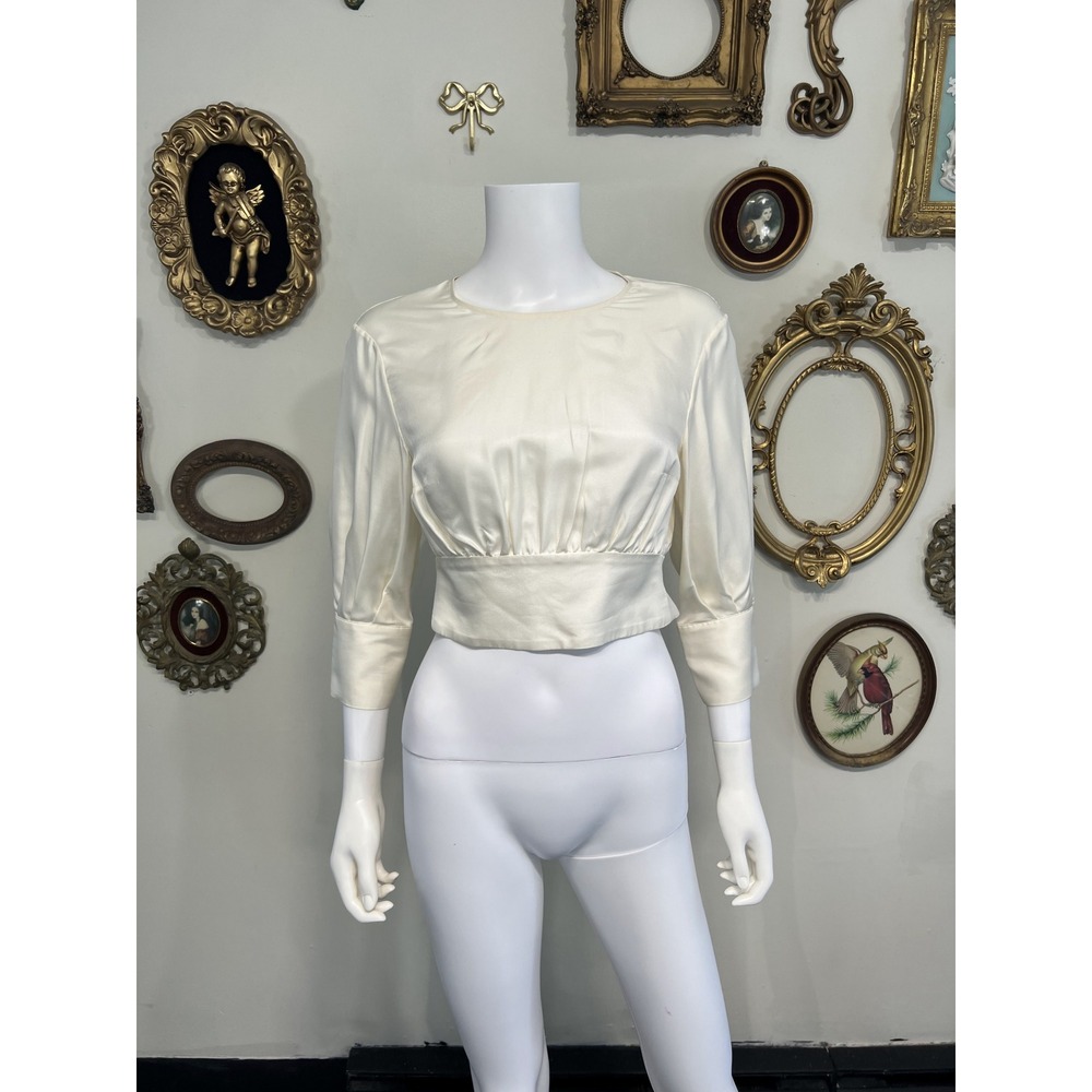 Deitas Ivory Cream Silk Long Sleeve Crop Top Blouse Size 34 US 2 Open Back